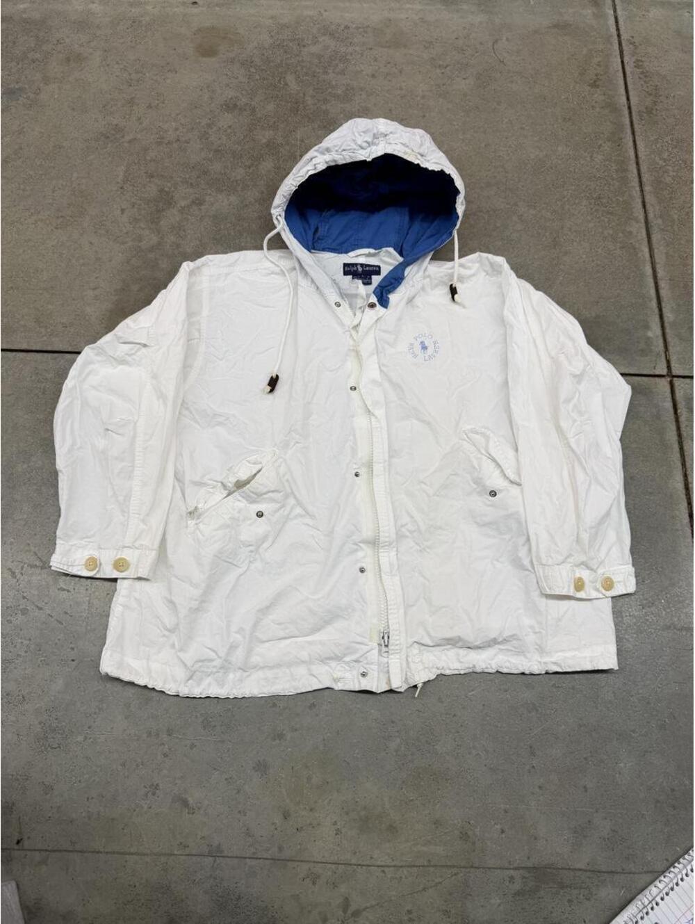 vintage polo ralph lauren white and blue zip up bomber jacket size large